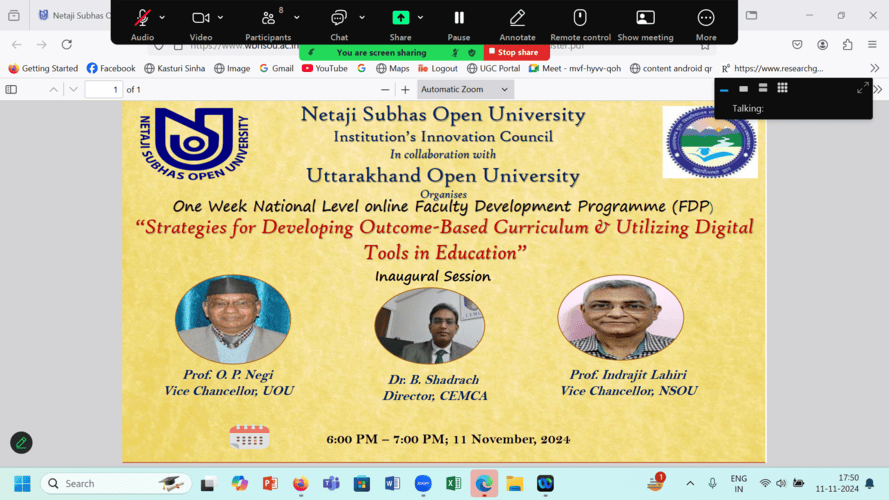 One week Online FDP organized by Institution's Innovation Council, NSOU and UOU, 11-19 November 2024